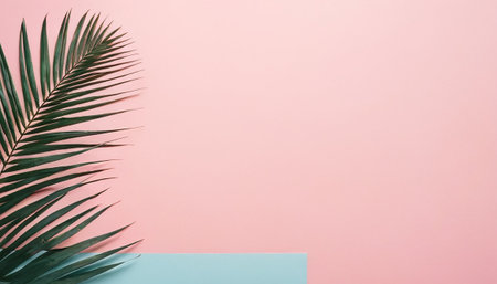 Tropical palm leaf on pastel pink and blue background. Minimal summer concept.の素材