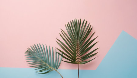Tropical palm leaves on pastel background. Minimal summer conceptの素材