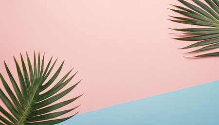 Tropical palm leaves on pink and blue background. Flat lay, top view minimal summer concept.の素材
