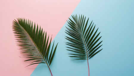 Tropical palm leaves on blue and pink background. Minimal summer conceptの素材