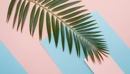 Tropical palm leaf on pastel pink and blue background.の素材