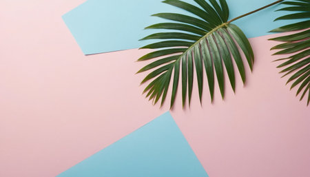 Tropical palm leaf on pastel pink and blue background. Minimal summer conceptの素材