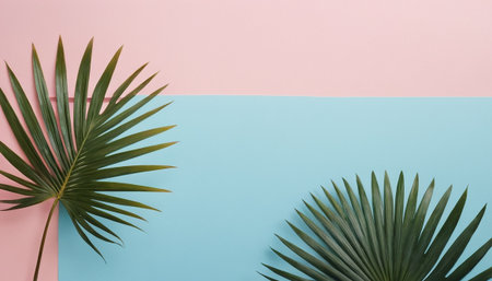 Tropical palm leaves on pink and blue background. Minimal summer conceptの素材