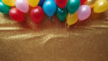 Colorful balloons on golden glitter background with copy space. Celebration concept.の素材