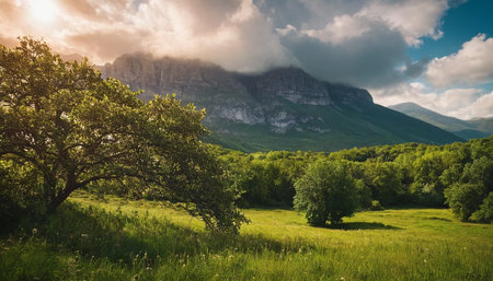 Beautiful summer landscape with green meadow and mountains in the backgroundの素材
