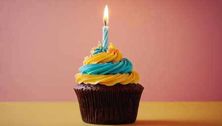 Birthday cupcake with candle on colorful background. Selective focus.の素材