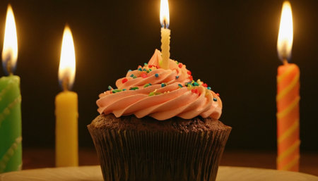 Birthday cupcake with candles on black background. Shallow DOFの素材