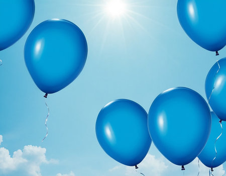 Blue balloons in the blue sky with sun. 3D Renderingの素材