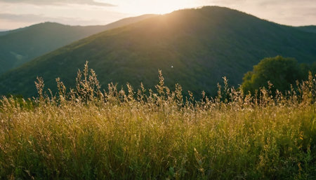 Beautiful summer landscape in the mountains at sunset. Landscape with grass and sunの素材