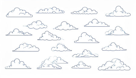 Set of clouds on a white background. Vector illustration in the linear style.の素材
