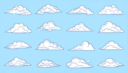 Set of clouds isolated on blue background. Cartoon style. Vector illustration.の素材