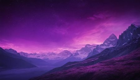 Fantastic landscape with snowy mountains and starry sky, 3d renderの素材