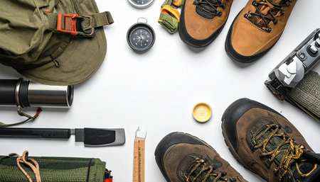 Flat lay composition with hiking equipment on white background. Space for textの素材