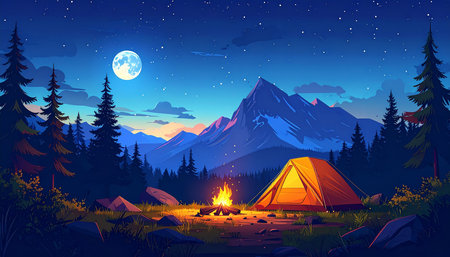 Camping in the mountains at night. Vector illustration for your designの素材