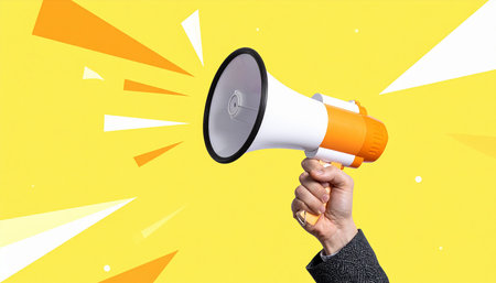 Female hand holding megaphone with colorful speech bubble on yellow backgroundの素材