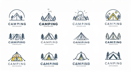 Set of camping logos and emblems. Vector illustration in a linear style.の素材