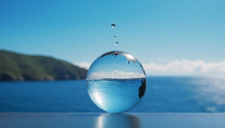 Water drop falling into a glass ball with blue sky and mountain backgroundの素材
