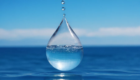 Conceptual image of water drop falling into water. Blue sky backgroundの素材