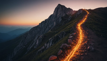 Trails of light on the mountains at sunset. Carpathians, Ukraineの素材