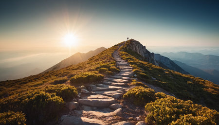 Hiking trail at the top of the mountain in the rays of the rising sunの素材