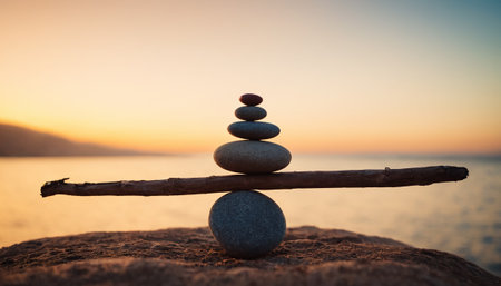 Zen stones on the beach at sunset. Zen and harmony concept.の素材