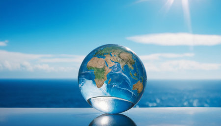 Globe with the image of the planet Earth against the background of the seaの素材