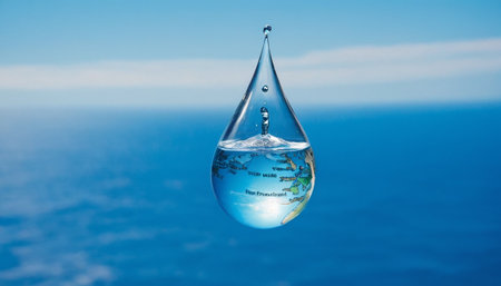 Globe in water drop with blue sky background. Global warming conceptの素材