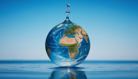 Water drop falling on earth globe. Global warming and climate change concept.の素材