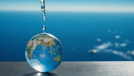Water drop falling into a glass globe. Global water saving concept.の素材