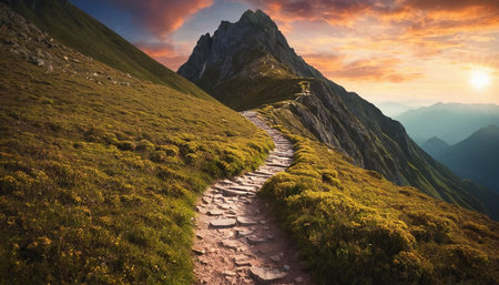 Hiking trail in the mountains at sunset. Panoramic viewの素材