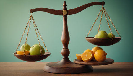 Still life with scale of justice and fruits on wooden table against green backgroundの素材