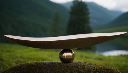 Skateboard on a green meadow with mountains in the backgroundの素材