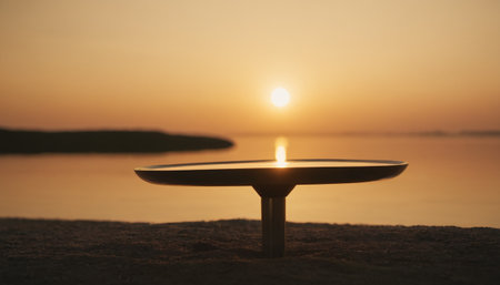 Sunset at the beach with a round table and a glass of waterの素材