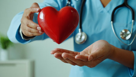 Female doctor holding a red heart in her hands, close-upの素材