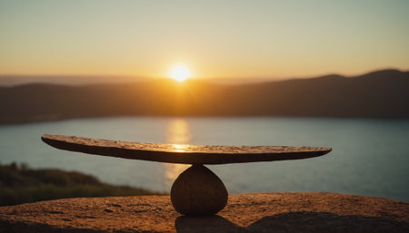 Wooden table in front of the sea at sunset. Selective focus.の素材