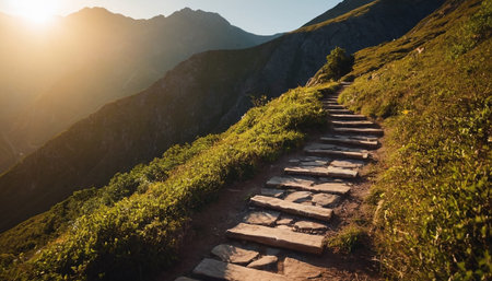 Stone path in the mountains at sunset time. Landscape of mountain trail.の素材