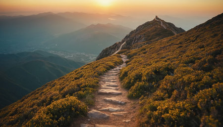 Aerial view of beautiful mountain landscape at sunset. Hiking trail on the top of the mountain.の素材