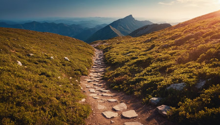 Mountain trail in the Ukrainian Carpathian Mountains at sunset.の素材