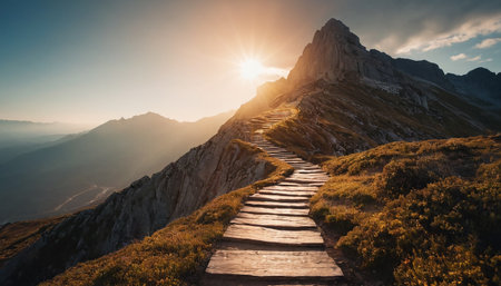 Hiking trail in the mountains at sunset. Dolomites, Italyの素材