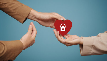 Close-up of human hands holding heart shaped padlock over blue backgroundの素材