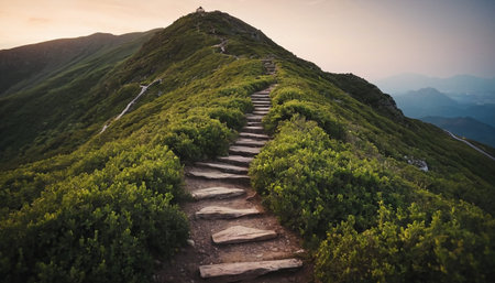Stairs to the top of the mountain at sunset in summer.の素材