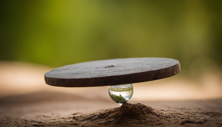 A drop of water on a wooden surface with a blurred background.の素材