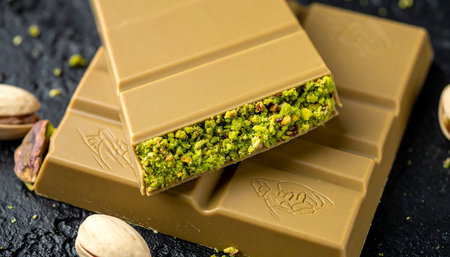 Pistachio chocolate bars with pistachios on dark backgroundの素材