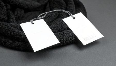 Blank price tags on black scarf. Black and white photo.の素材