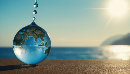 Glass globe with water drop on the beach. Concept of global warming.の素材