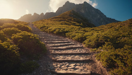 Hiking trail in the mountains at sunset. Caucasus Mountains, Russiaの素材