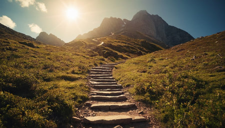 Stairs to the top of the mountain in the rays of the setting sunの素材