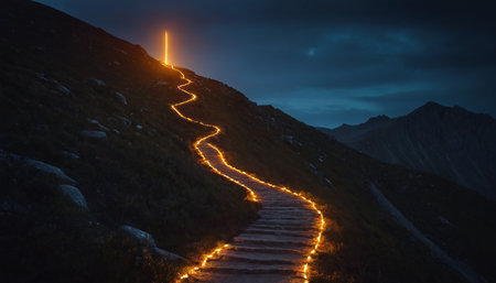staircase in the mountains at night in the light of lanternsの素材