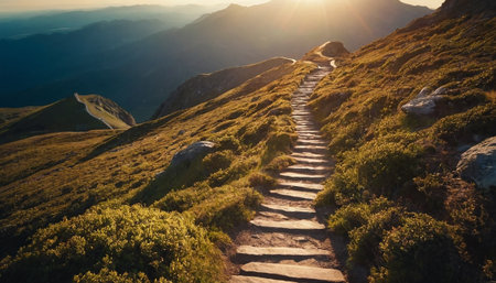 Stairs to the top of a mountain in the rays of the rising sunの素材