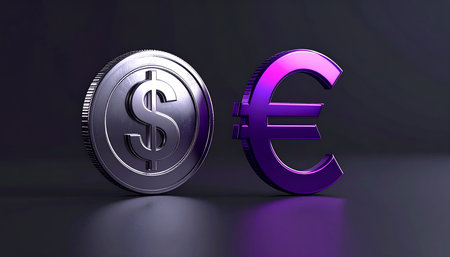 Euro and Dollar currency symbol on dark background. 3D rendering.の素材